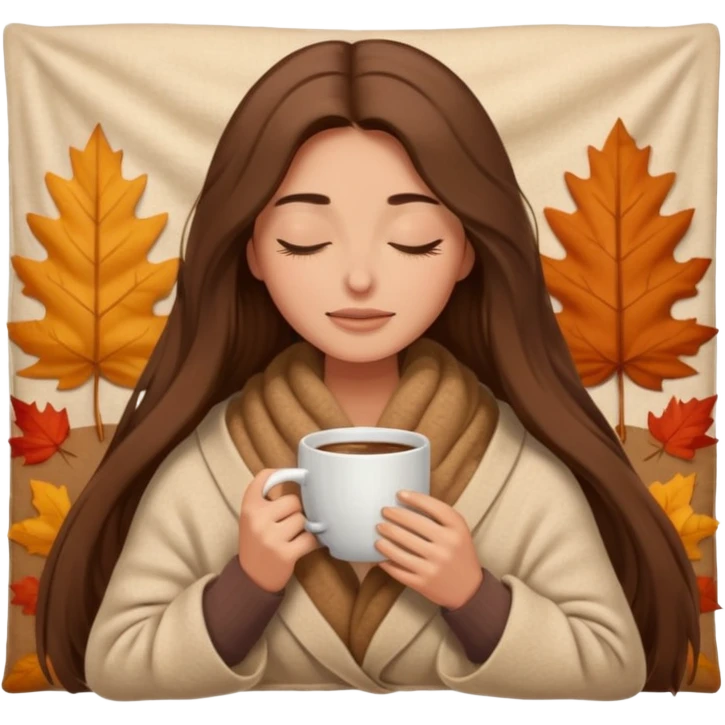 long brown hair woman closed eyes hiding under a cozy wool beige blanket, holding cup of coffee, autumn mood emoji