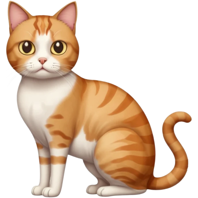 full body white, ginger and brown tabby calicio cat with skinny head and fat body with an anxious face emoji