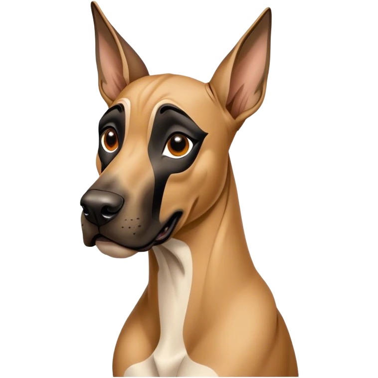 Cinematic Comical Fawn Great Dane Portrait Emoji, Head tilted dramatically with an exaggeratedly amused expression, featuring a sleek fawn coat with a subtle dark mask, wide, expressive amber eyes filled with playful disbelief, Simplified yet hilariously expressive features, highly detailed, glowing with a slightly sassy glow, high shine, dramatic yet playful, stylized with an air of cheeky mischief, bright and endearing, soft glowing outline, capturing the essence of a spirited and over-the-top guardian, so meme-worthy it feels like it could side-eye its way into internet fame instantly! emoji