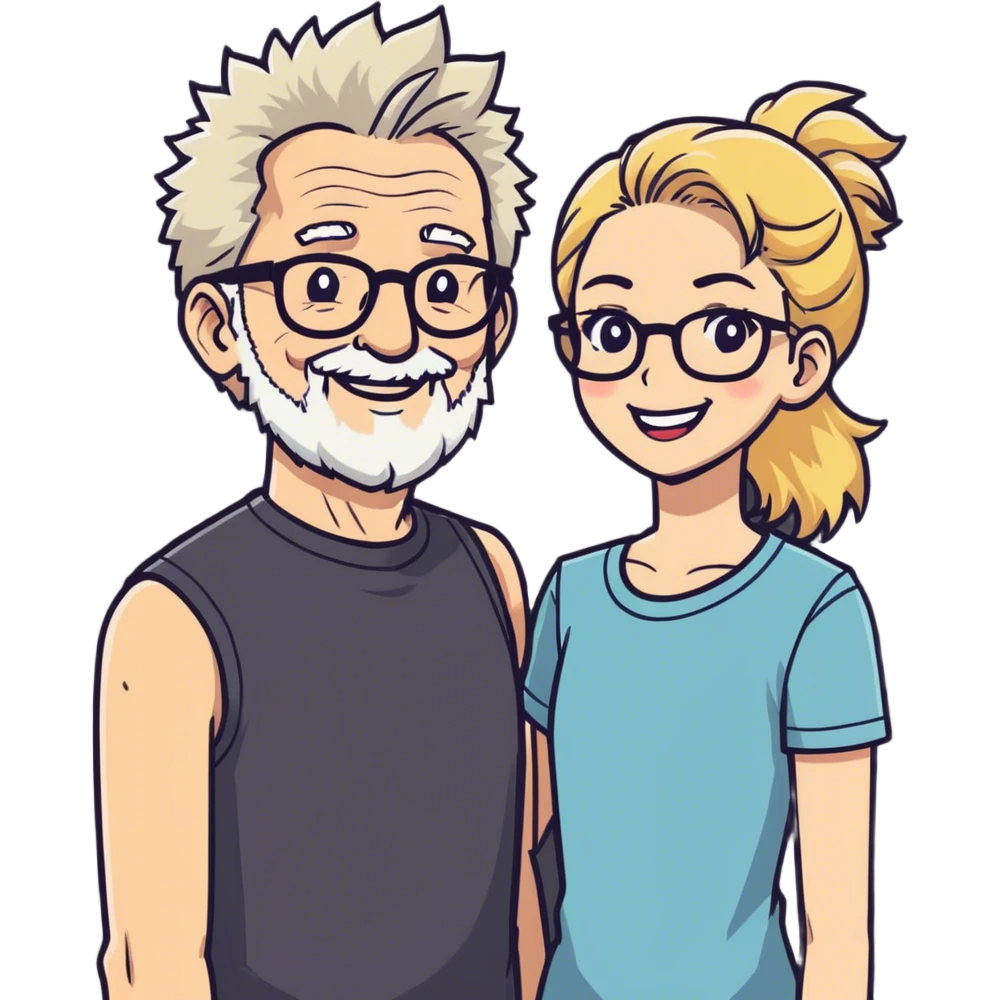 A couple in love, older man man had short spiky salt and pepper hair and a short stubbly beard and no glasses. The lady is younger, blonde long hair and curvy and wears glasses and makeup emoji