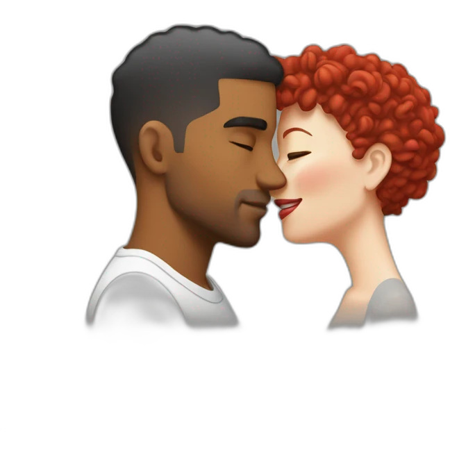 Brown man with a hair cut fade kissing a White woman with red curly hair emoji