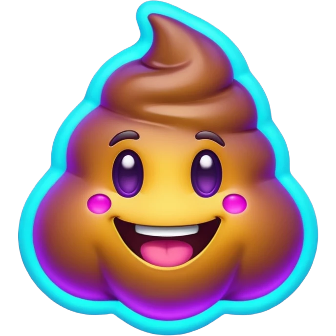 futuristic glowing poop emoji with funny smiling face, purple and cyan neon glow, dark background emoji
