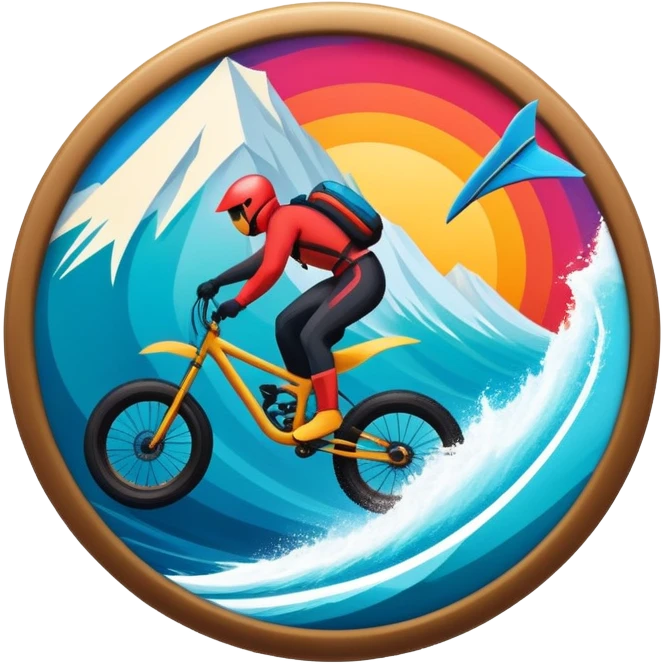 A bold, dynamic emblem combining elements of extreme sports like a mountain, a bike, surfing, ocean and a parachute, all within a circular or shield-like shape. The design conveys speed, adventure, with sharp lines and vibrant colors representing the thrill and intensity of extreme sports. emoji