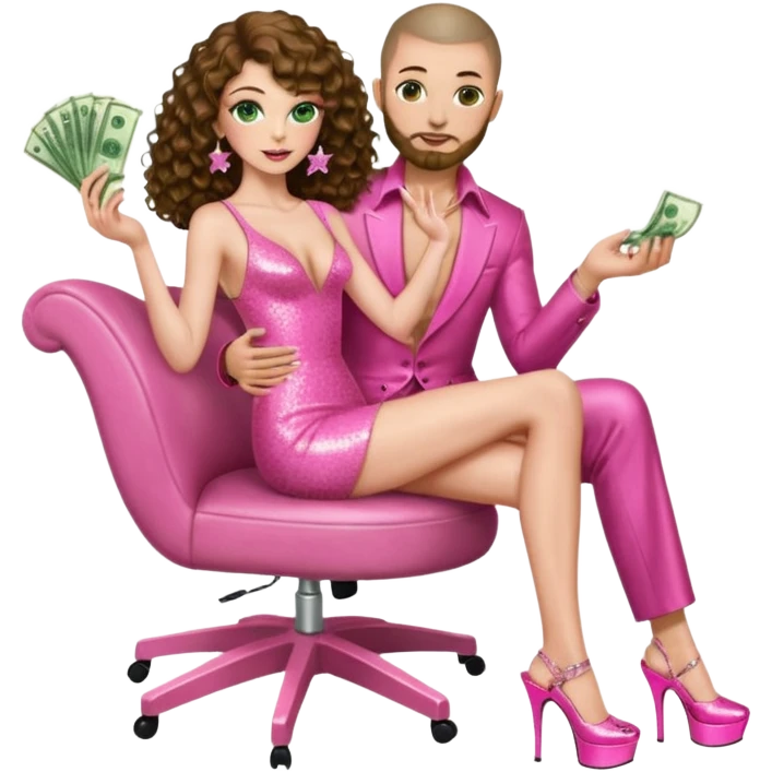 Sensual woman green eyes brown long curly hair evil occult,with 7 inch platform stripper high heels pink with glitter dress, holding a Spanish man, sitting on a buzz cut hair man’s pimp lap, holding cash emoji
