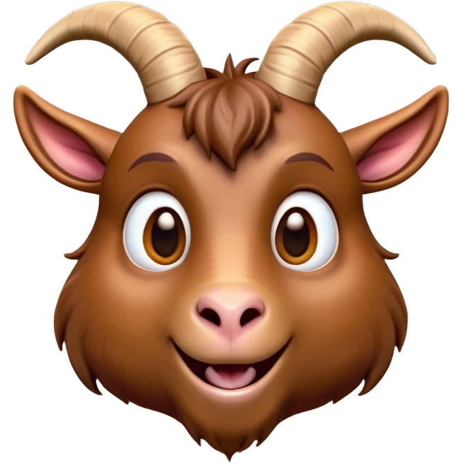 Cinematic Comical Brown Goat Portrait Emoji, Head tilted dramatically with an exaggeratedly amused expression, featuring a sleek brown fur with distinct, quirky curved horns, wide, expressive eyes filled with playful disbelief, Simplified yet hilariously expressive features, highly detailed, glowing with a slightly sassy glow, high shine, dramatic yet playful, stylized with an air of cheeky mischief, bright and endearing, soft glowing outline, capturing the essence of a spirited and over-the-top goat, so meme-worthy it feels like it could side-eye its way into internet fame instantly! emoji