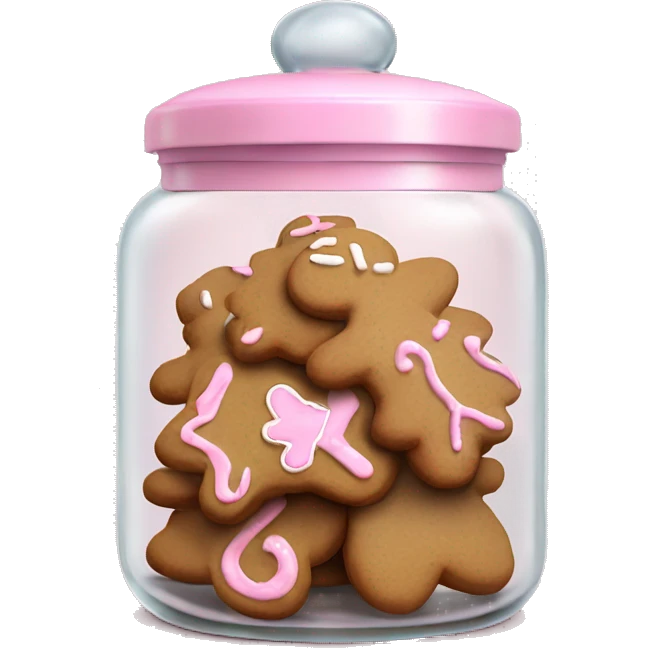 Realistic glass cookie jar with light pink lid full of gingerbread cookies isolated.  emoji