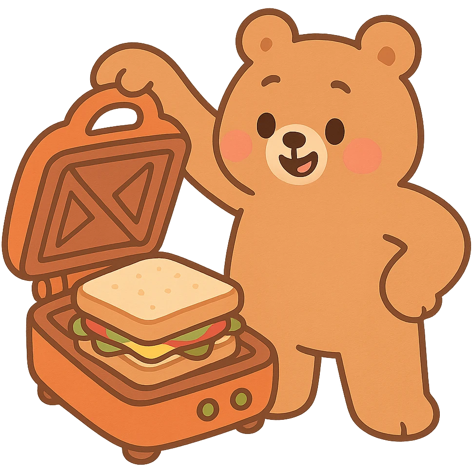 sandwich maker bear soft fluffy opening with cute sandwich inside, creamy brown pastel, full-body emoji