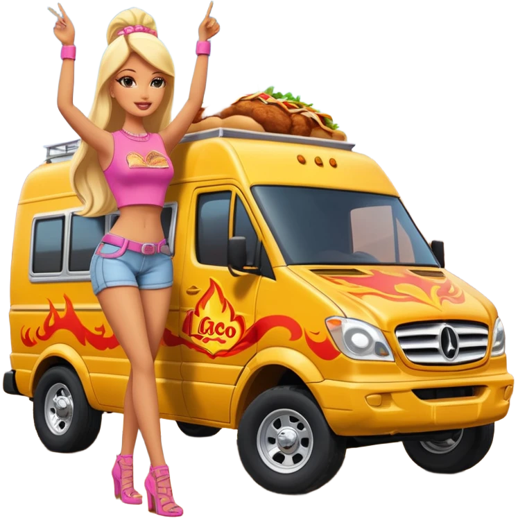 Hispanic pollo loco Barbie’s insanely flaming hot butt burning chicken sandwich Extended length Sprinter 4500 van high roof off road rally delivery food truck capable of rock and desert racing  emoji