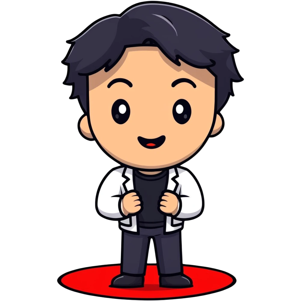 Management educator with black wavy hair, stubble, strong features, white skin, smart casual attire, presenting a powerful TED talk about business innovation, animated speaking pose on iconic red circle stage, innovation-themed visuals emoji
