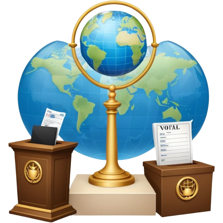 An icon featuring a podium with a speaker, a ballot box with a voting slip, and a globe, symbolizing political science. The design includes scales of justice and a world map in the background, representing governance and global politics. Transparent background highlights political analysis. emoji