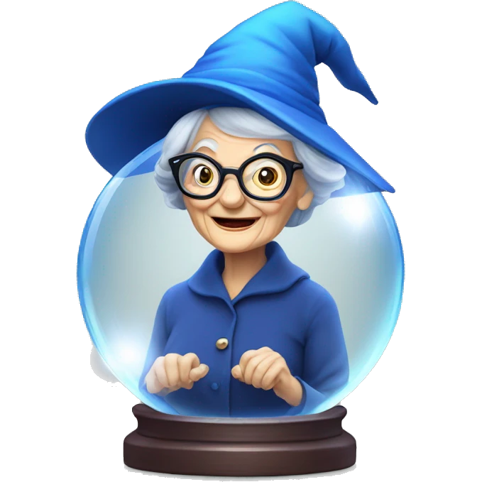 smart granny witch with glasses and blue hat in crystal ball emoji