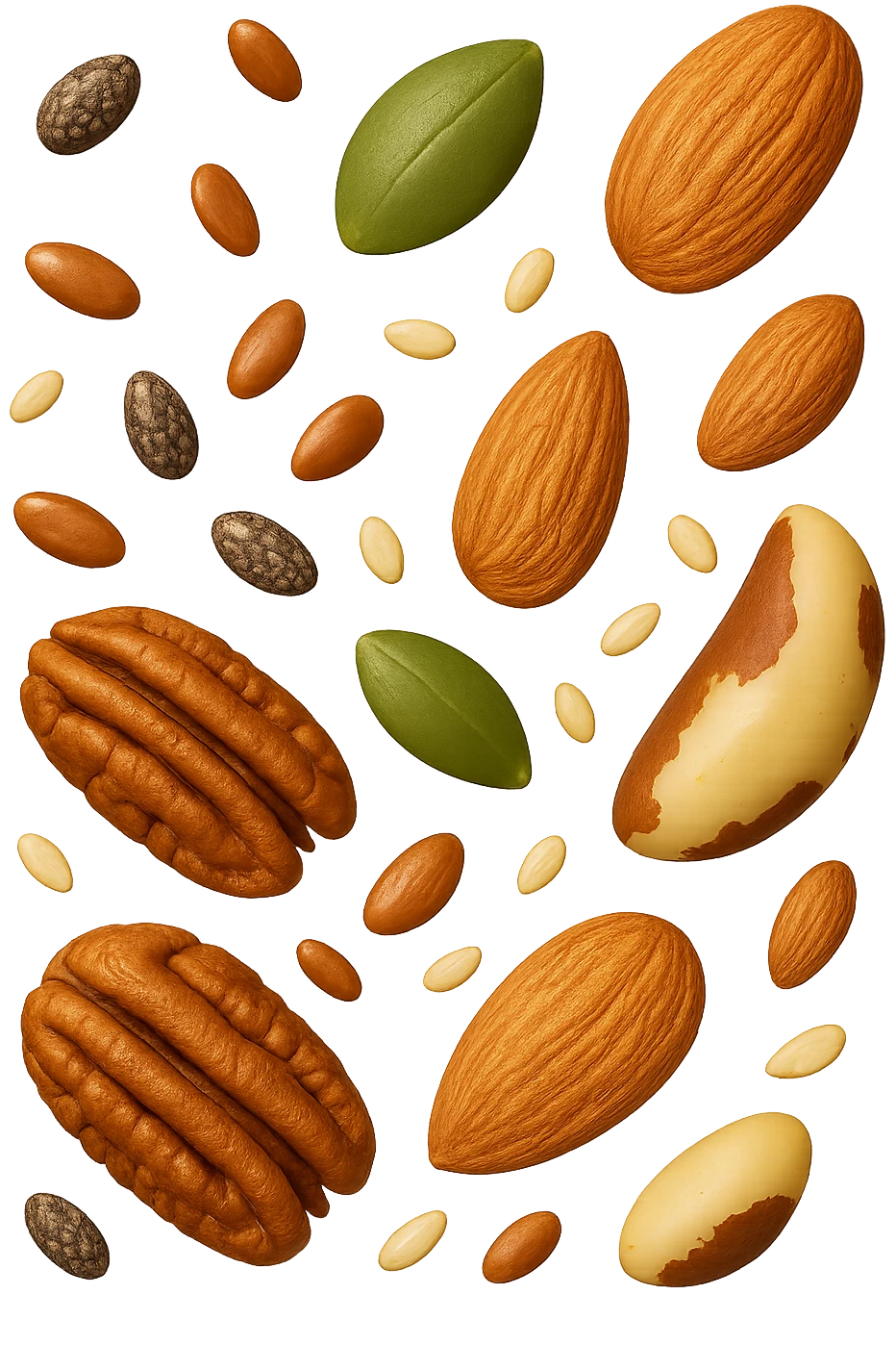 emoji stile iphone 3d di questi elementi che fluttuano in aria:

Semi di chia, lino, zucca, sesamo
Mandorle, noci pecan, noci brasiliane (porzioni limitate)

 che fluttuano sparse casualmente in aria, iperealistico 4k emoji