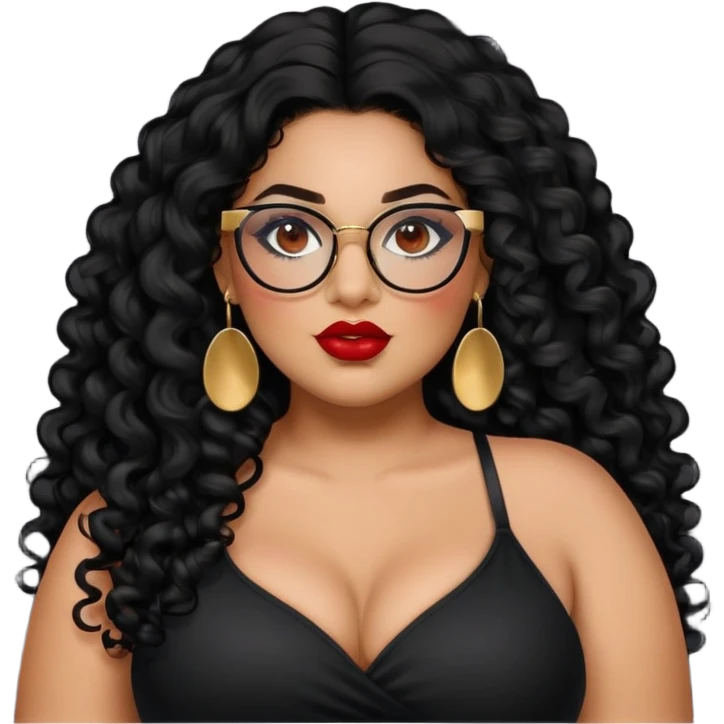 big plus size, latina, darker tan skin, long black curly hair, baddie,pretty, makeup, red lipgloss, black eyeliner, long hair, small gold earrings, black top, black glasses emoji