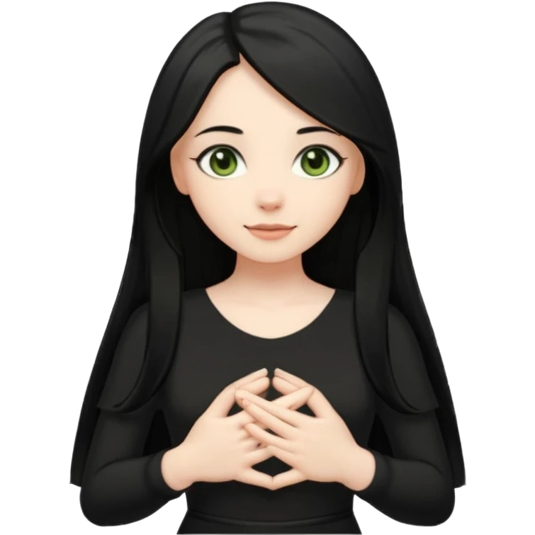 Pale girl with long black hair and olive green eyes soft smile wearing black dress and holding hands over her chest emoji