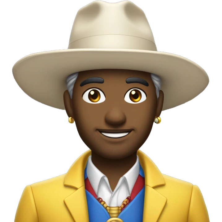 uma personagem animada de palhaço arlequim com um traje azul, vermelho e amarelo, chapéu típico com bolinhas amarelas nas pontas, rosto branco com bochechas rosadas, olhos grandes com pupilas de estrela, e um sorriso travesso emoji