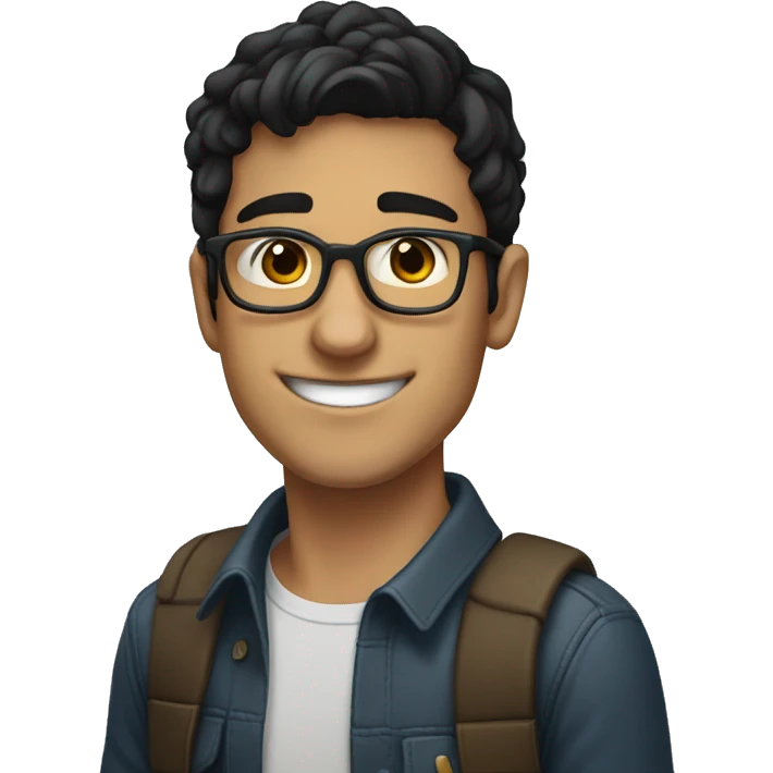young man, dark hair, glasses, programmer, smiling, spanish skin short hair emoji