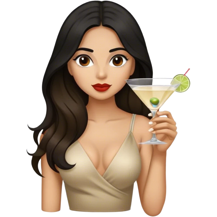 black haired female Hispanic looking drinking martini l be ong hair brown balayage  emoji