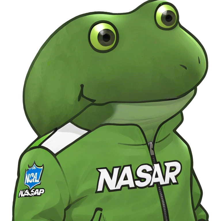 wearing a neon green nascar jacket that says "pump" emoji