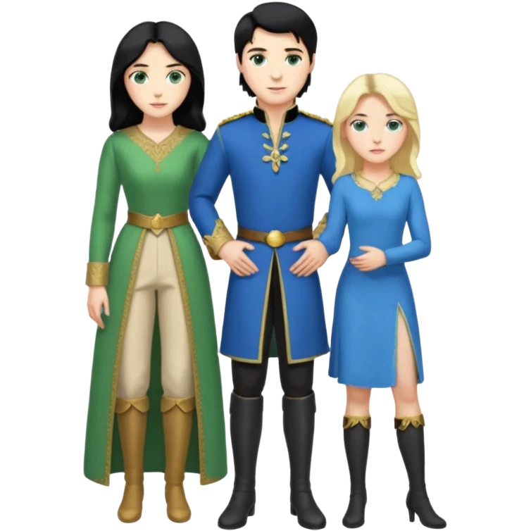 prince, standing upright, black Hair, blue eyes, garment,  woman, bending knee, White sleveless dress, blonde hair, green eyes, emoji