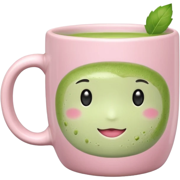 White pastel pink ceramic mug of matcha emoji
