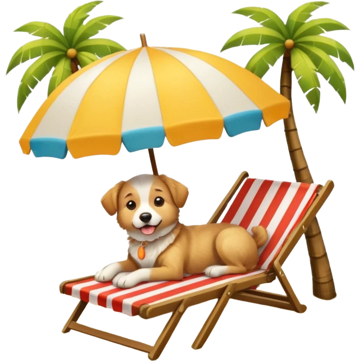 a dog laied on a beach chair, a sunny beach, a sun umbrella, and beach coconut trees. the icon should capture the essence of a relaxing beach vacation with a carefree atmosphere emoji