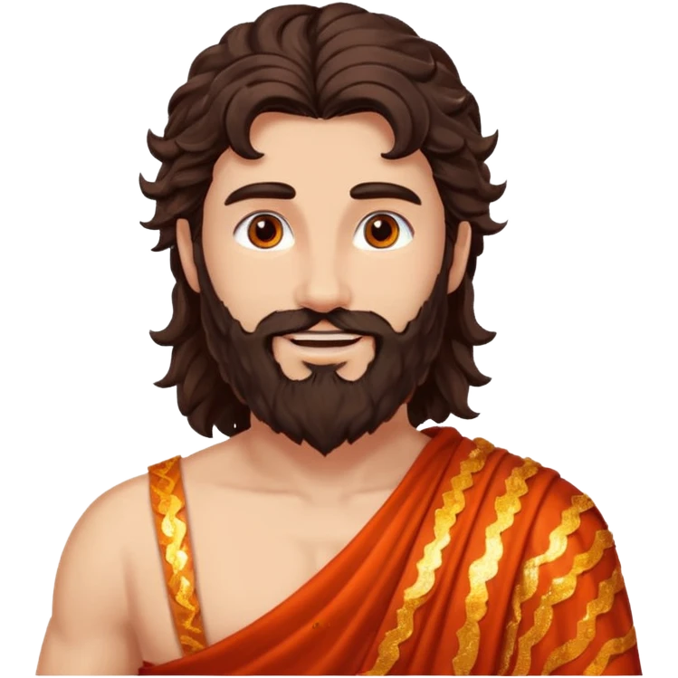 Vulcan, God of Fire from Roman Deities with long dark brown wavy hair and beard, red orange sequin toga  emoji