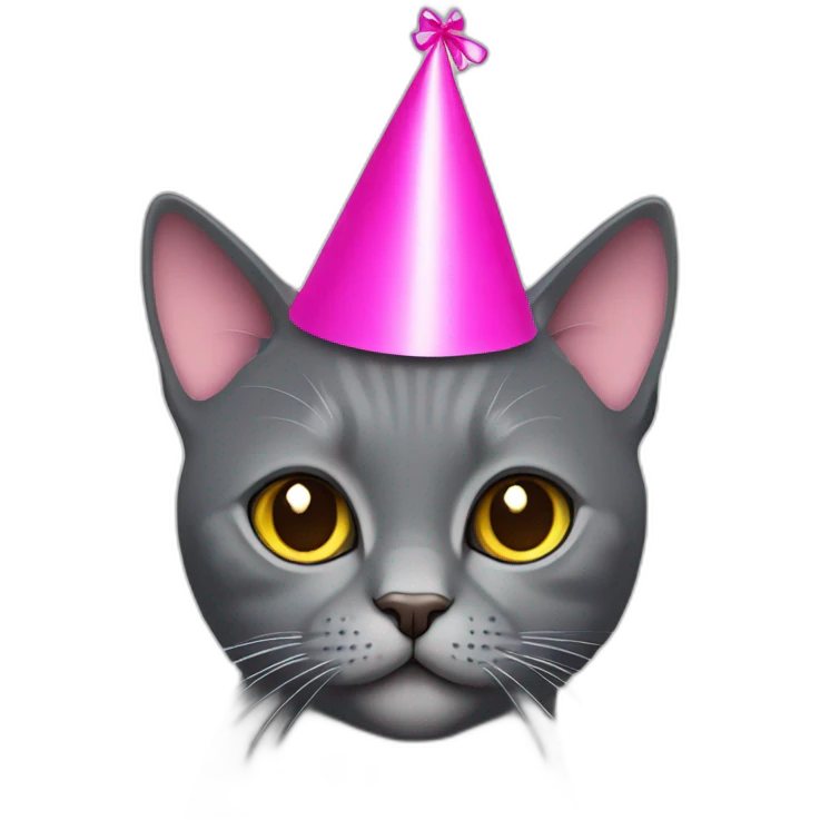 Dark Grey British short hair cat wearing a pink party hat emoji