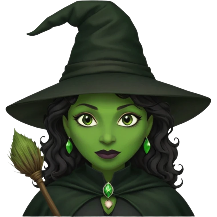 elphaba wicked witch with broom close up, evil dark curly long dark hair, green skin, thick green lips, cheekbones, smirk evil menacing cythia erivo dark aesthetic black hat cloak black broom emoji