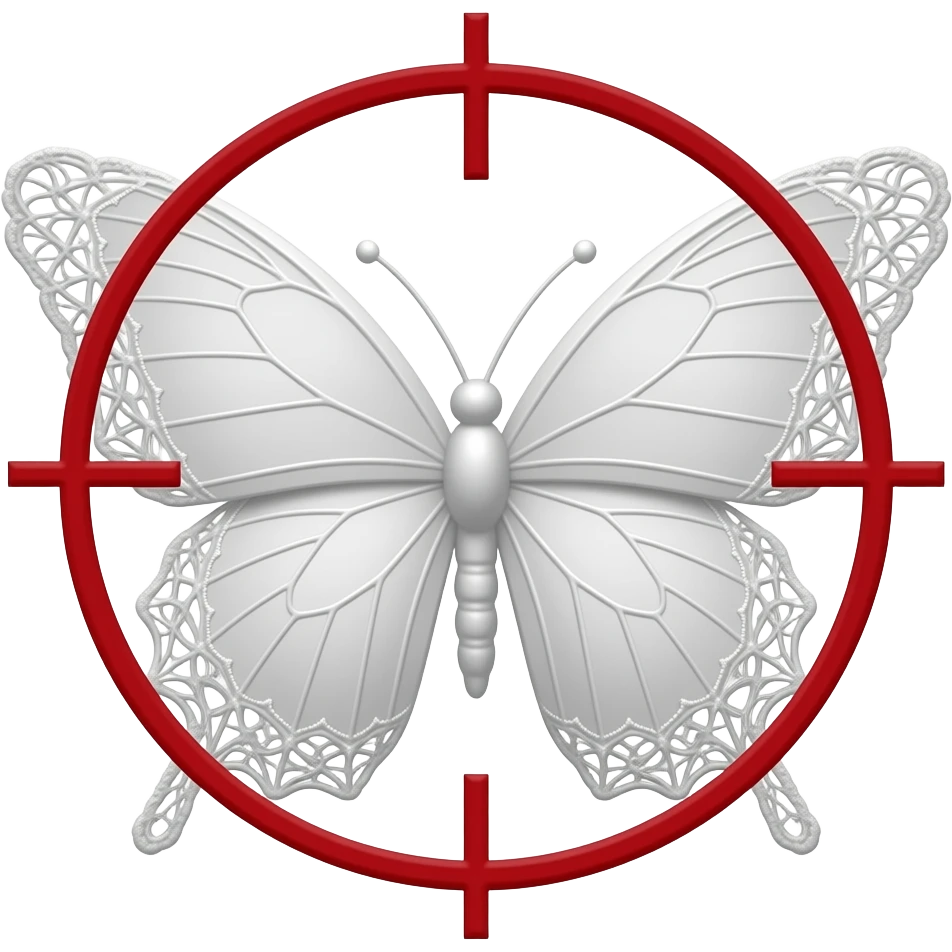 subtle elegant white butterfly, 3D emoji gothic butterfly, white velvet, white filigree, white lace trim, large red sniper crosshair overlay emoji