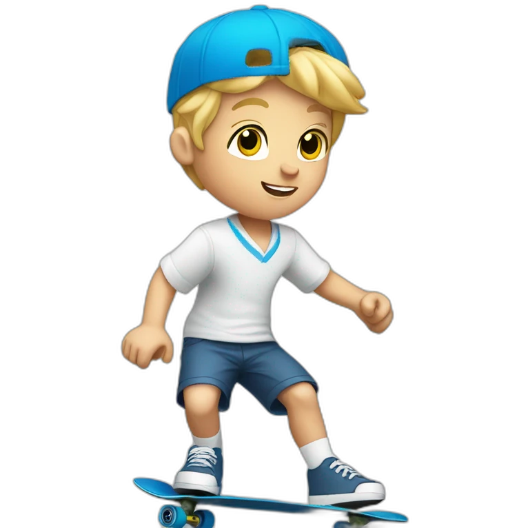 Blonde Boy in blue school shorts and white shirt sleeve shirt riding a skateboard emoji