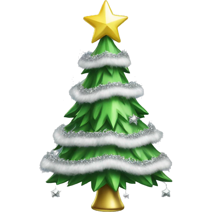 A green Christmas tree with silver and green bells and white tinsel  emoji