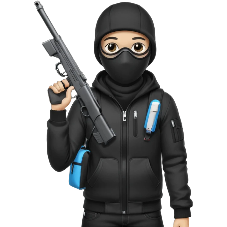 YN wearing a ski mask, holding a gun, all black fit, black jeans, Sprayground bookbag, confident stance emoji