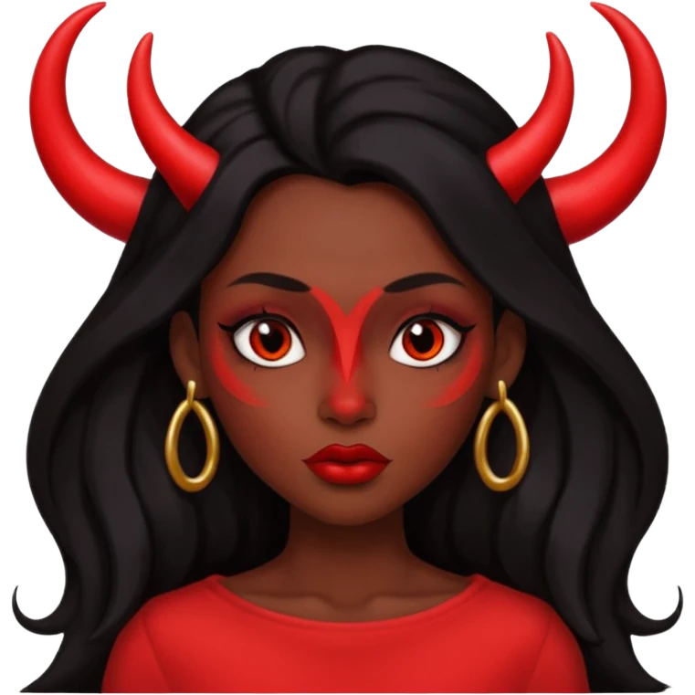 A skin red girl's face with cheekbones, long black hair, small red horns, big lips emoji