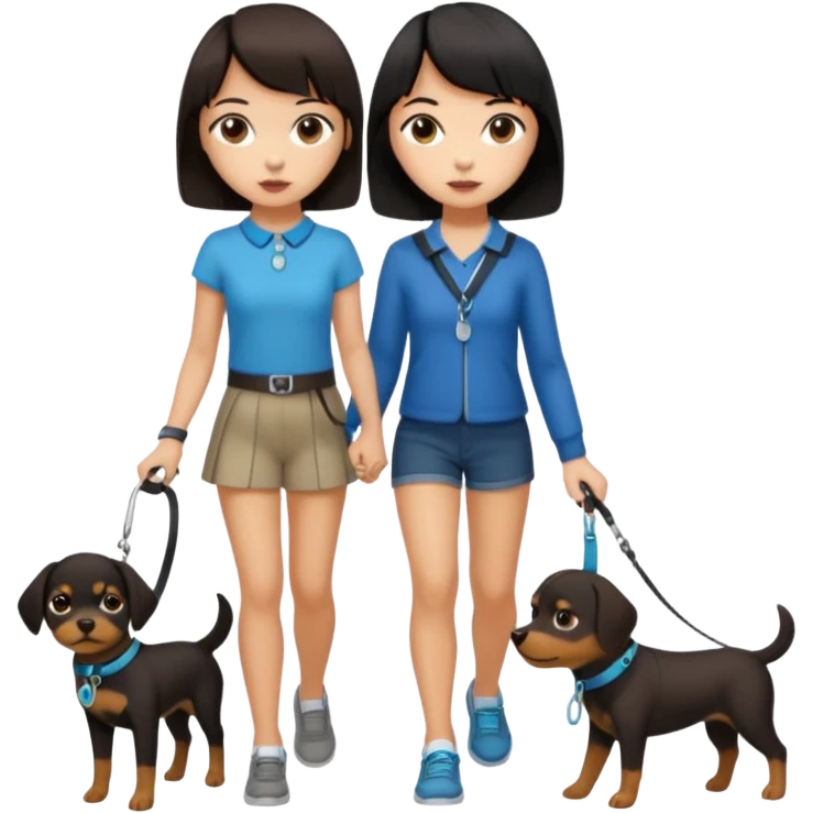 dark brown short haired girl walking a black haired girl with bangs on a dog leash emoji