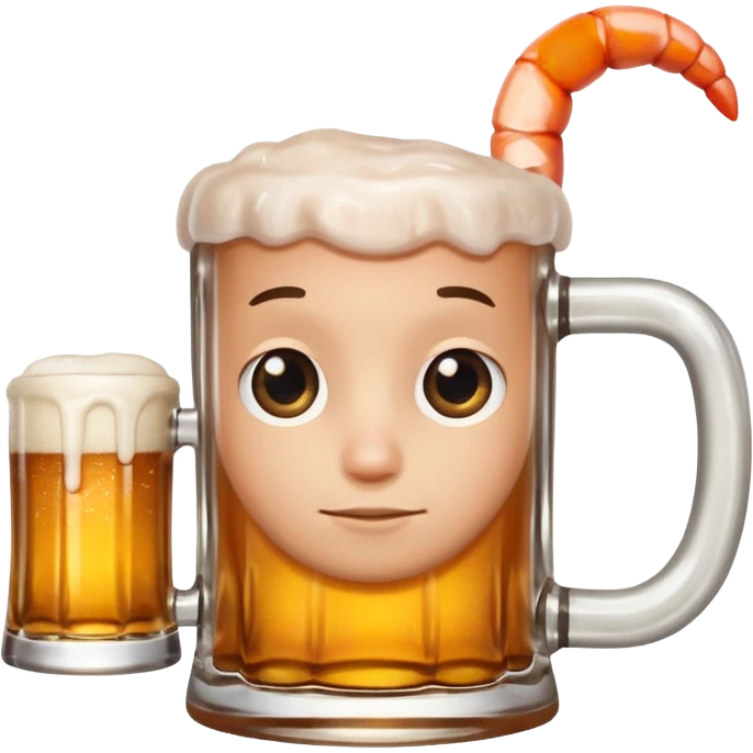 Genérame un camarón con su tarro en mano de cerveza moderna, asomándose por un costado con cara de curiosidad  emoji