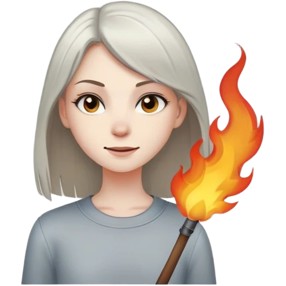 girl with a mischievous smirk standing in the foreground, while small flames or smoke rise in the background. The character has straight hair and a confident expression. emoji
