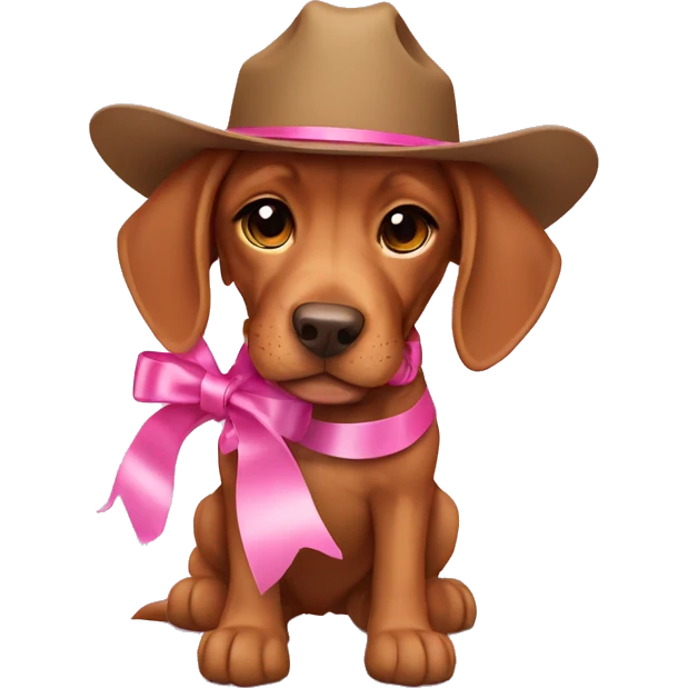 A female vizla puppy with a pink ribbon around her neck and cowboy boots on emoji