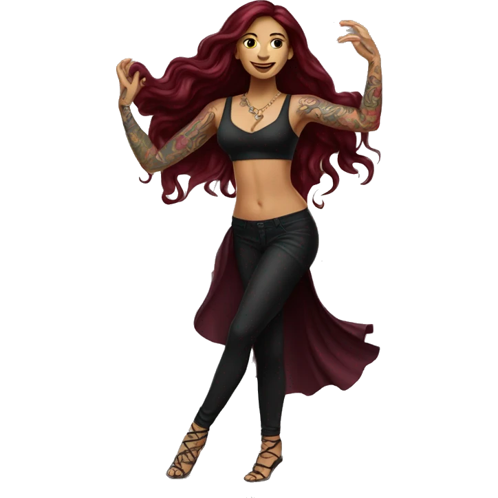 Beautiful tattooed burgundy long haired woman dancing emoji