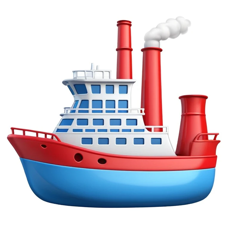 3D Apple-style emoji of a ship with simplified shapes, cartoon-like look, glossy finish, soft shadows, white background, featuring a red smokestack, blue hull, and recognizable windows emoji