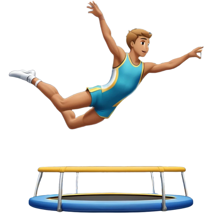 An athletic person soaring high above a trampoline, executing an acrobatic flip with perfect form. The scene captures motion and energy, with a dynamic pose, stretched limbs, and a focused expression. The background suggests a professional trampoline arena with safety padding. emoji