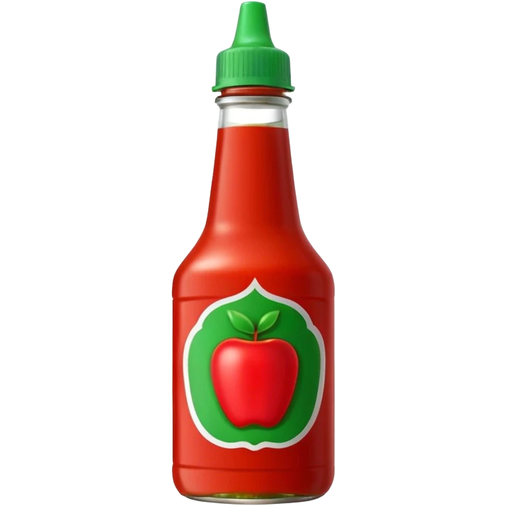 sriracha sauce bottle, upright, bright red, green nozzle cap, slightly translucent, thick glossy red sauce inside, simple shape, no label or branding, no dish or extras, apple emoji style, soft lighting, emoji scale emoji