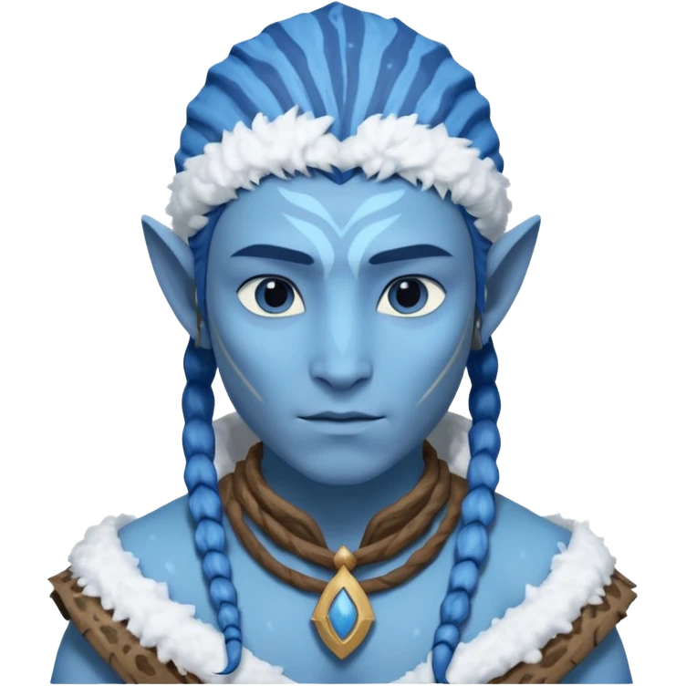 a Avatar blue skin wearing ancient animal skin cloth with snow, half body, icon emoji