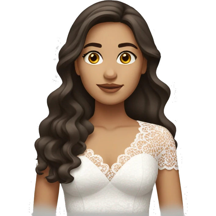 Adult woman with brown eyes, light tanned skin, long wavy dark brown hair, wearing a white lace dress emoji