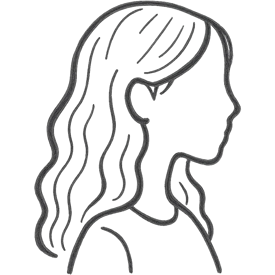 Make the faceless Asian woman with long, wavy hair face sideways in hand-drawn sketch style with no background. emoji