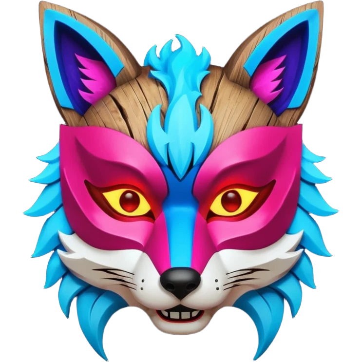 Ancient wooden mask, broken in half, luminous and neon with red, blue, and pink fox-like glow. Fragments of the mask scattered around. emoji