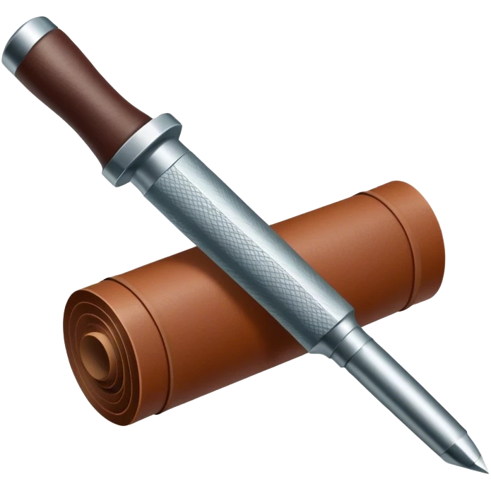 Leatherworking icon, partially unrolled raw leather roll, carving tools like engraver needle or chisel, stamp or press, textured surface, minimalistic style, clean lines, transparent background. emoji