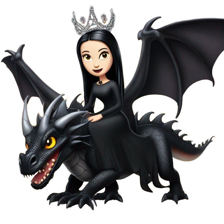 Lavish Victorian evening gown, young Morticia Addams Jedi wearing a mini tiara, riding on the back of a very large black shiny evil-looking fire-spewing horned dragon emoji