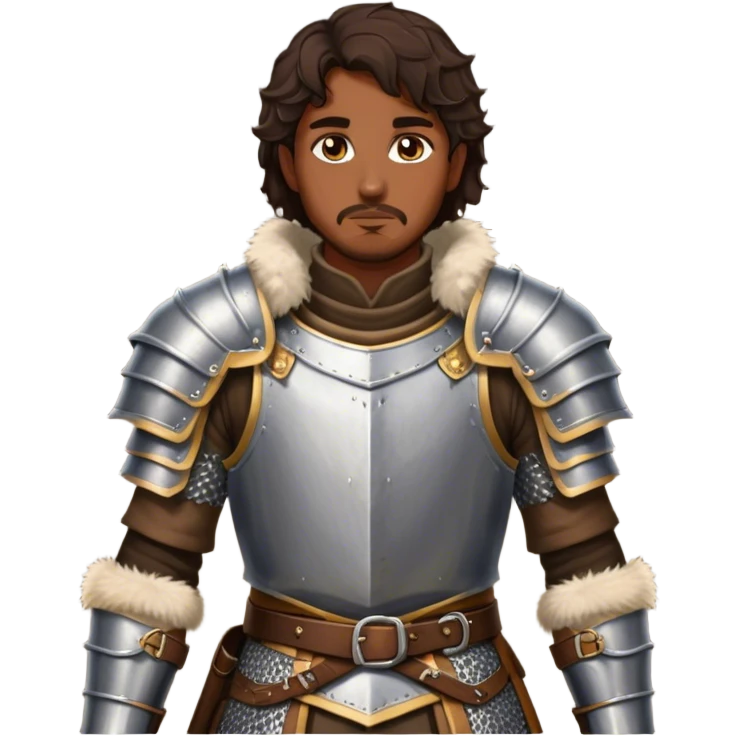 medieval battle armor worn by a DnD themed fantasy character. basic brigandine vest over chainmail with a fur-lined collar. armor only above the waist. The armor full waist. The character's haven't arms. character is dark brown hair amber eyes short wavy hair brown-skinned man. emoji
