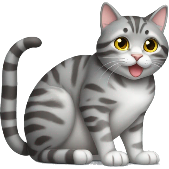 Grey tabby cat full body sitting licking paw emoji