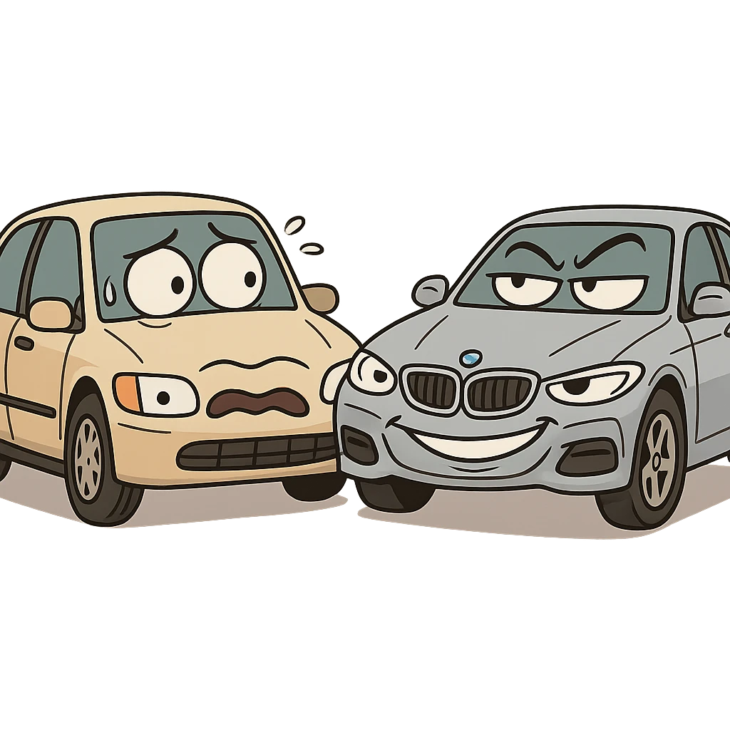 Honda and BMW cars with exaggerated expressions, comic style emoji